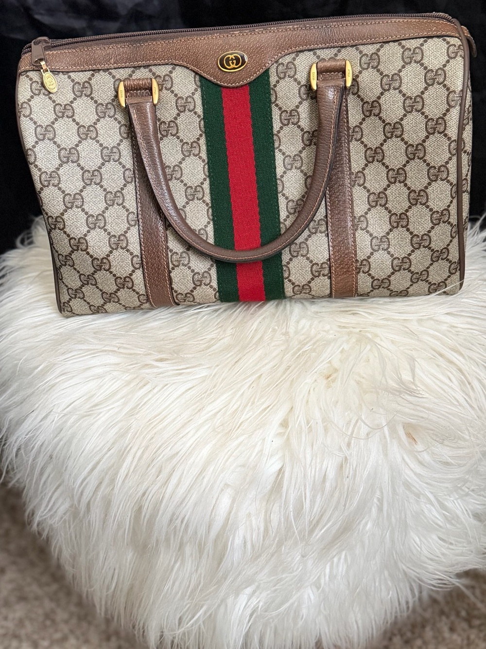 Gucci Brown GG Canvas Tote with Green and Red Stripe